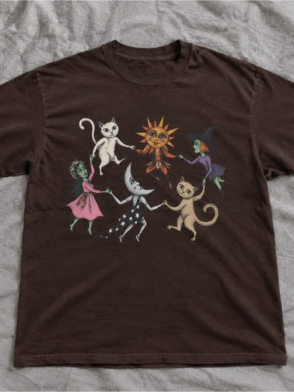 Whimsical Cat & Celestial Dance Gildan Brown Graphic Tee